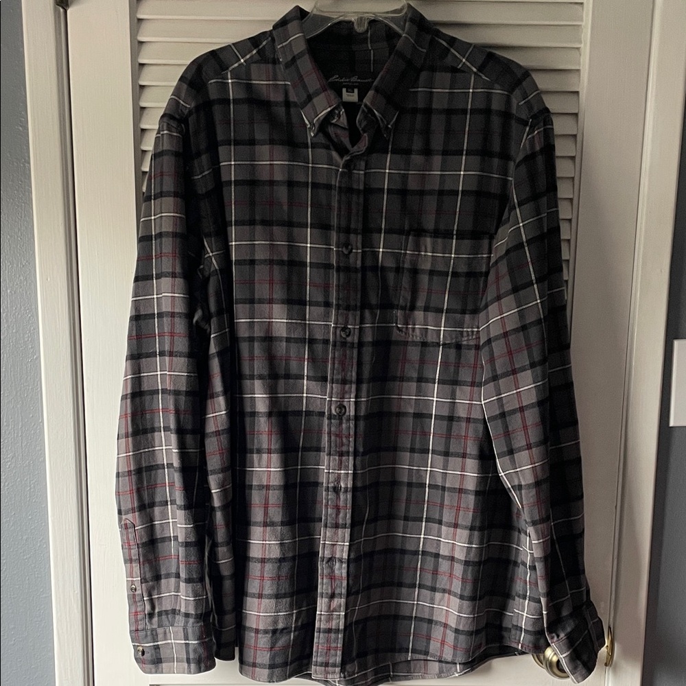 Eddie Bauer Black and Gray Plaid Button-Down Shirt with Subtle Red Accents